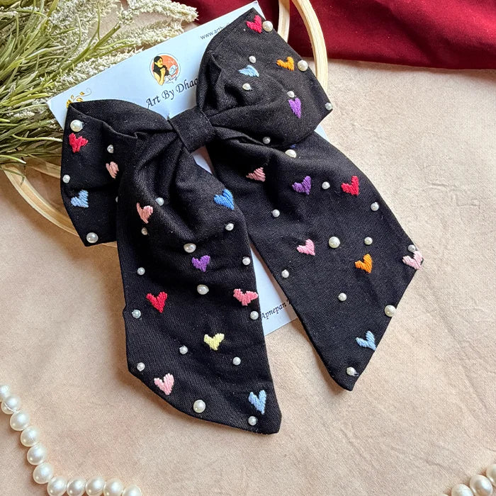Cupid Embrace Black Hand Embroidered Heart Bow Hair Clip