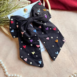 Cupid Embrace Black Hand Embroidered Heart Bow Hair Clip