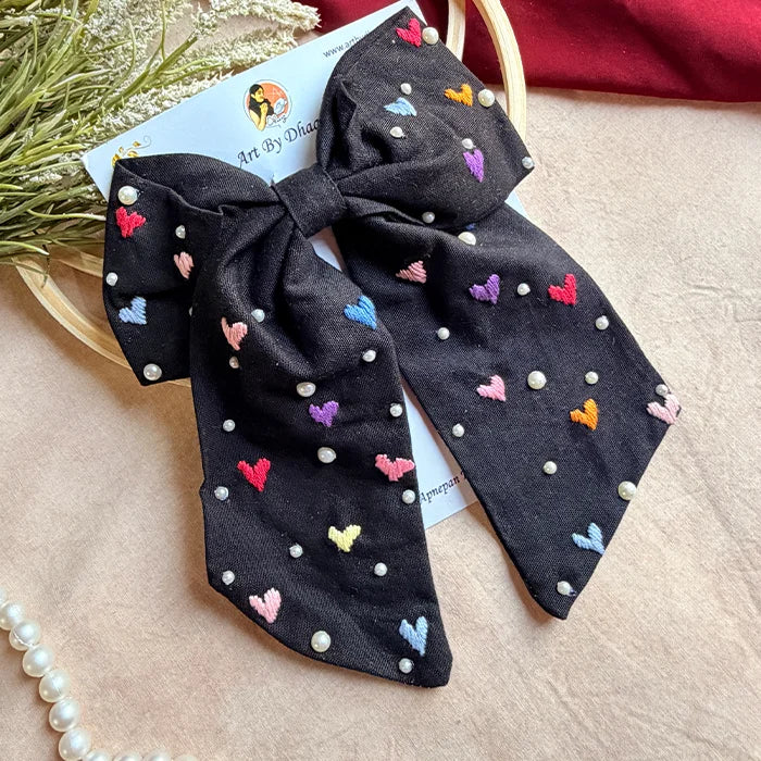 Cupid Embrace Black Hand Embroidered Heart Bow Hair Clip