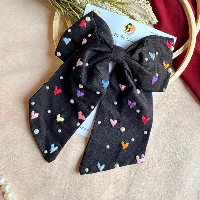 Cupid Embrace Black Hand Embroidered Heart Bow Hair Clip
