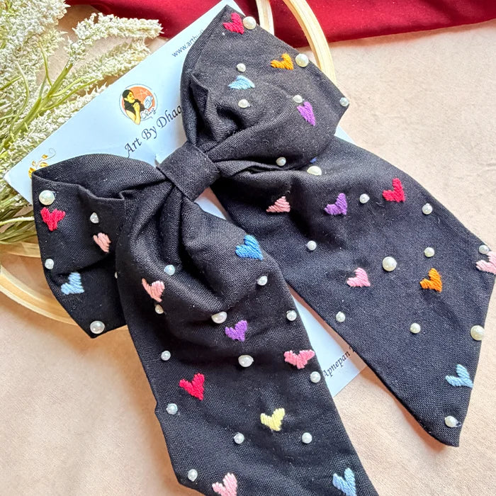 Cupid Embrace Black Hand Embroidered Heart Bow Hair Clip