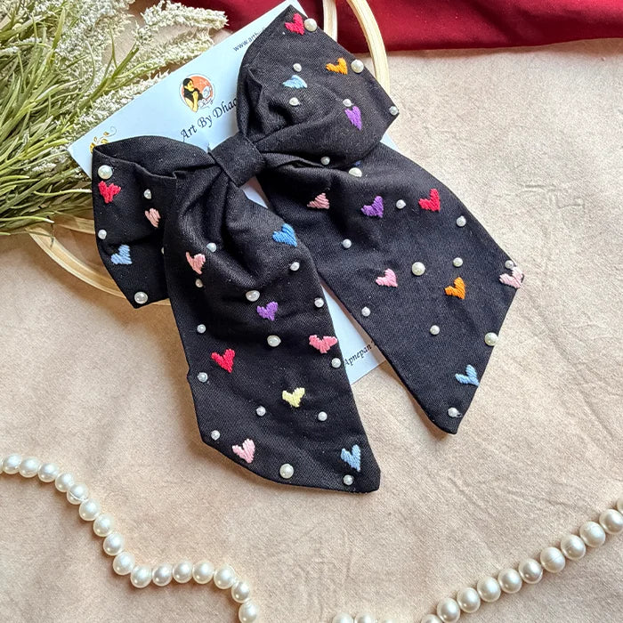 Cupid Embrace Black Hand Embroidered Heart Bow Hair Clip