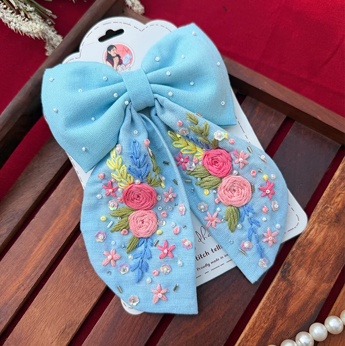 Bluebell Romance – Hand Embroidered Floral Bow Hair Accessory