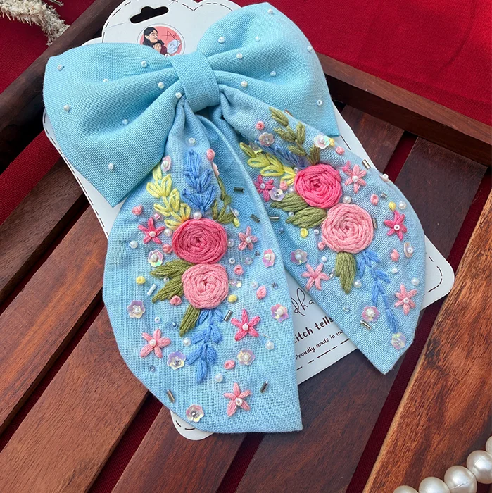 Bluebell Romance – Hand Embroidered Floral Bow Hair Accessory