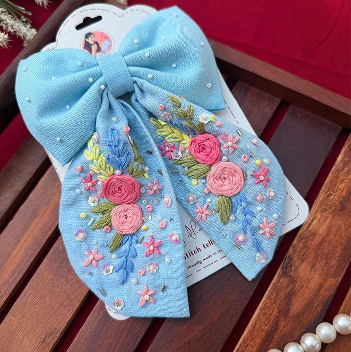 Bluebell Romance – Hand Embroidered Floral Bow Hair Accessory