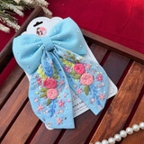 Bluebell Romance – Hand Embroidered Floral Bow Hair Accessory