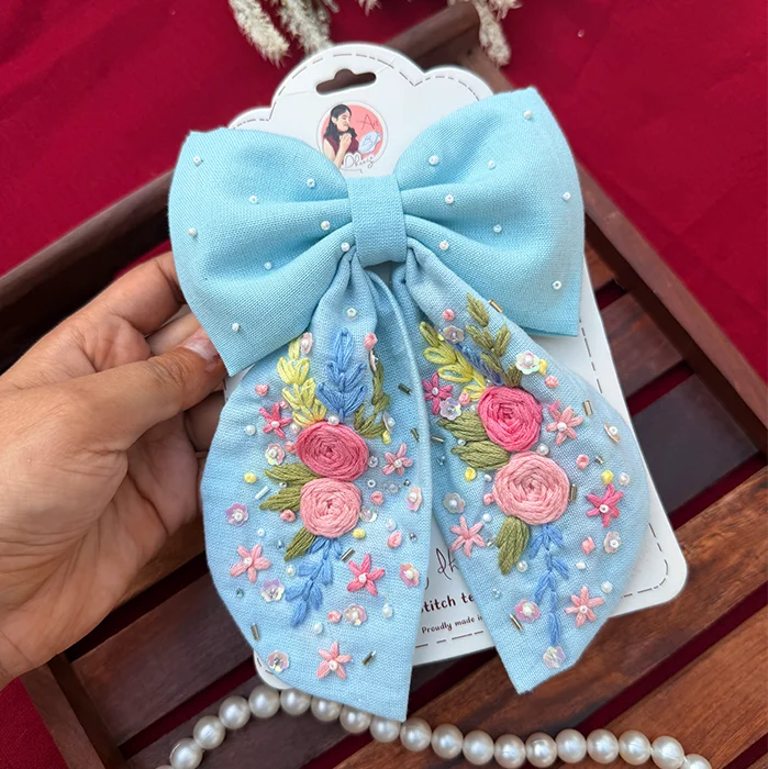 Bluebell Romance – Hand Embroidered Floral Bow Hair Accessory