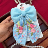 Bluebell Romance – Hand Embroidered Floral Bow Hair Accessory