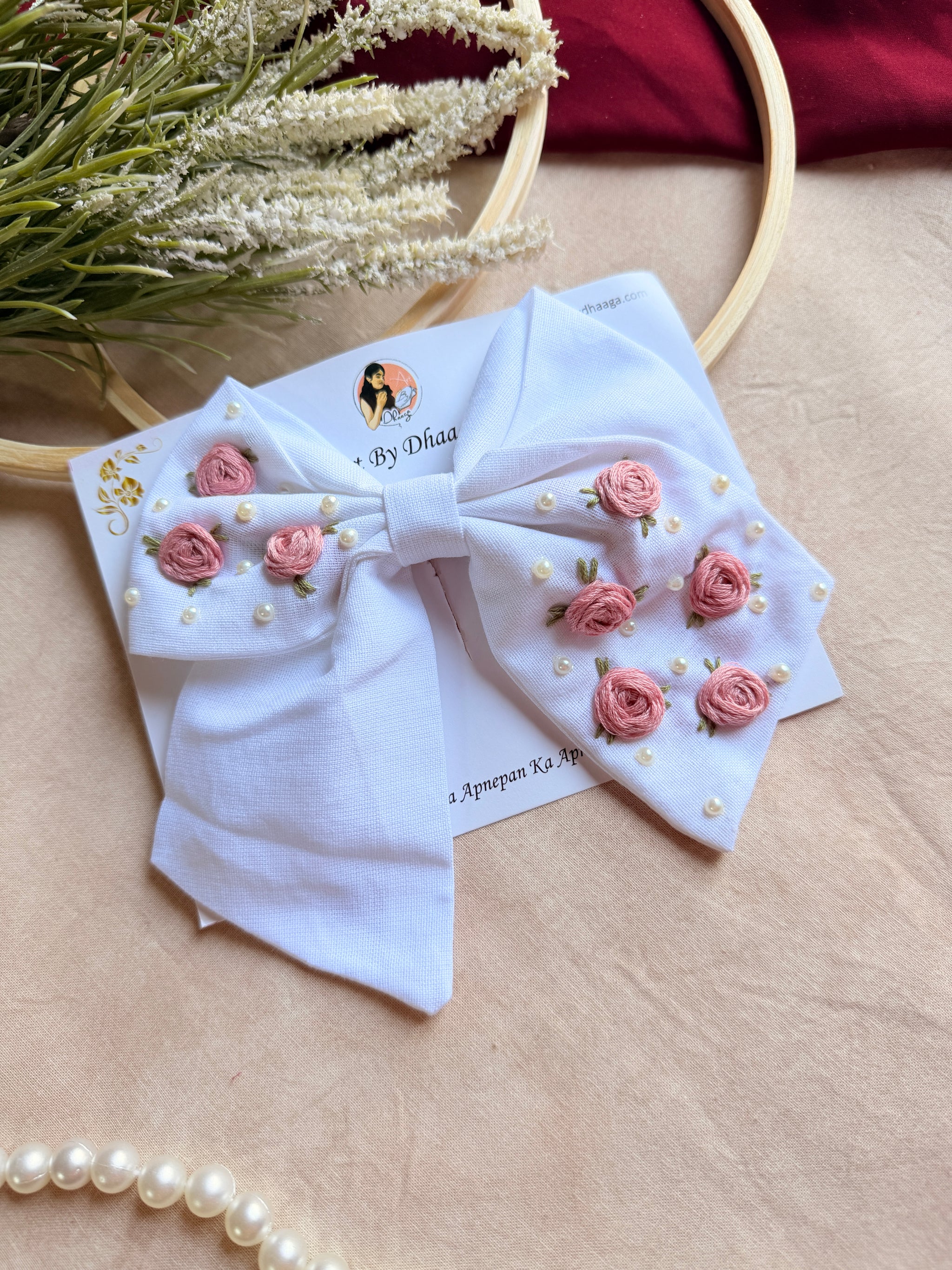 Baby Bloom White Hand Embroidered Floral Bow Hair Clip