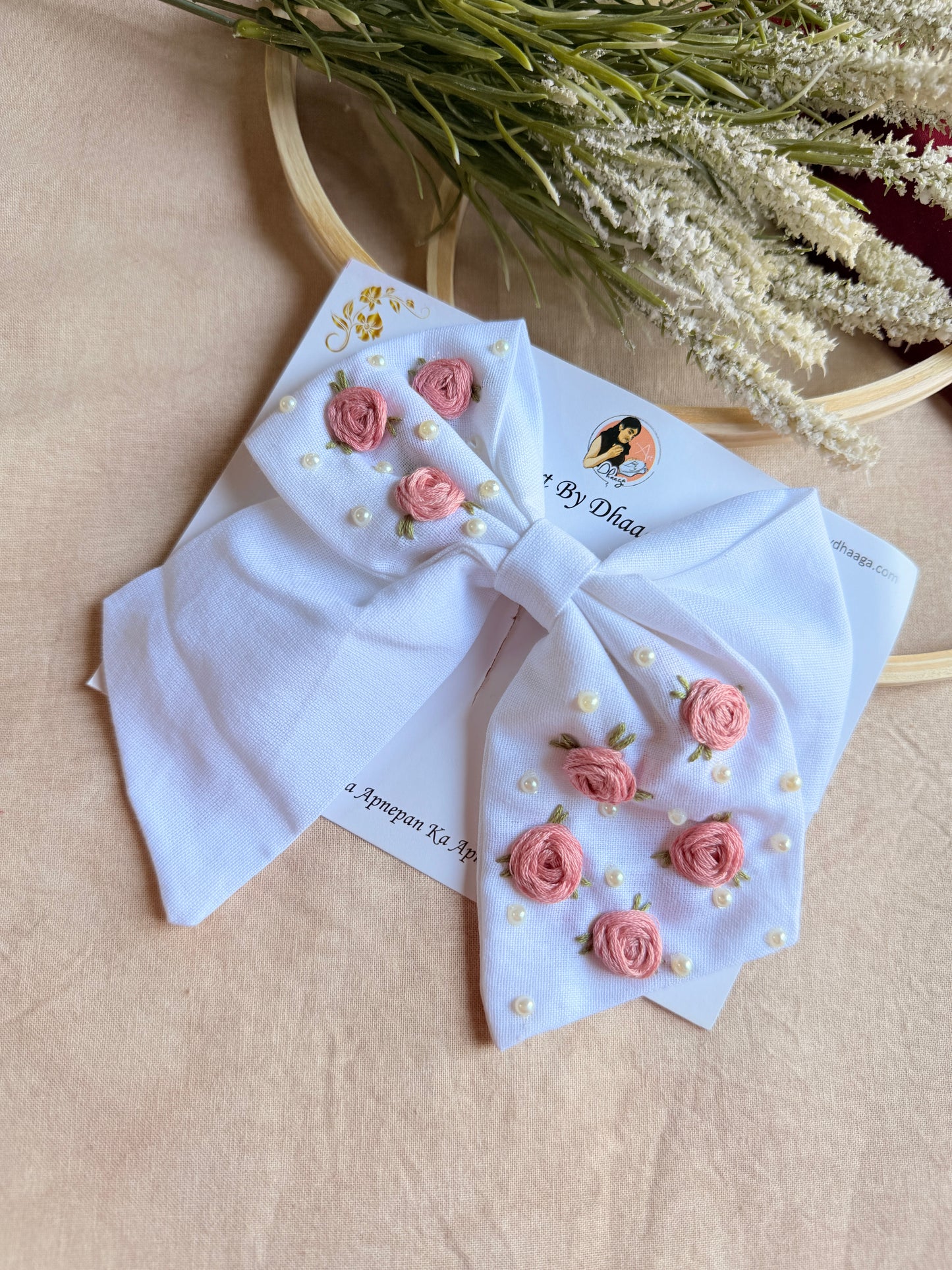 Baby Bloom White Hand Embroidered Floral Bow Hair Clip
