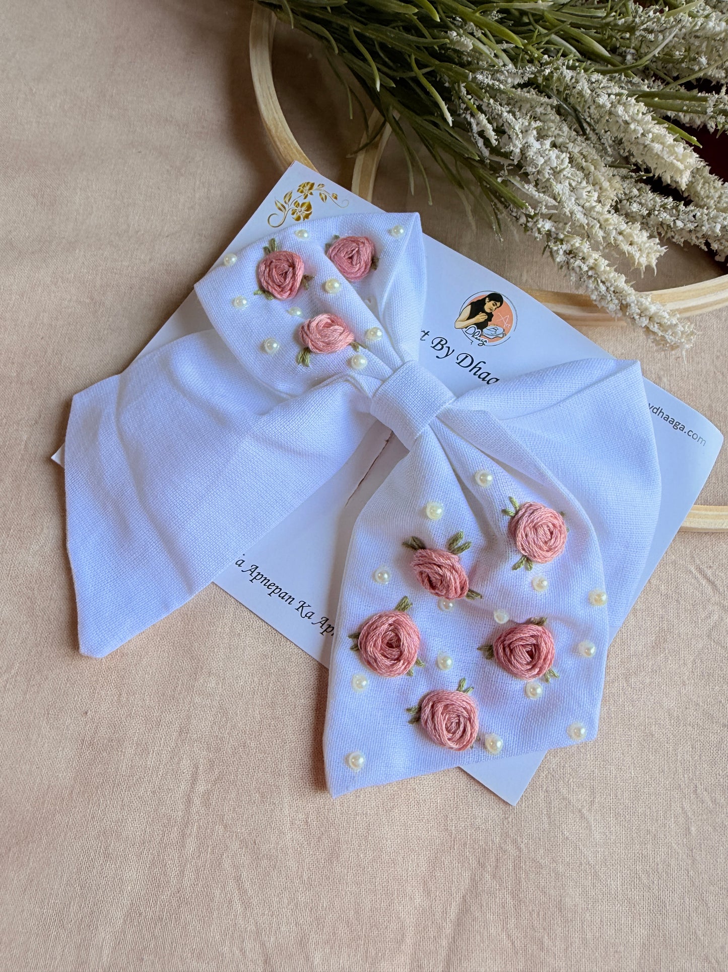 Baby Bloom White Hand Embroidered Floral Bow Hair Clip