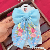 Bluebell Romance – Hand Embroidered Floral Bow Hair Accessory