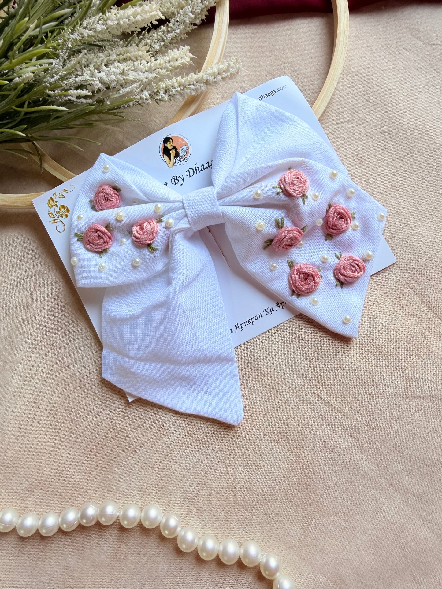 Baby Bloom White Hand Embroidered Floral Bow Hair Clip