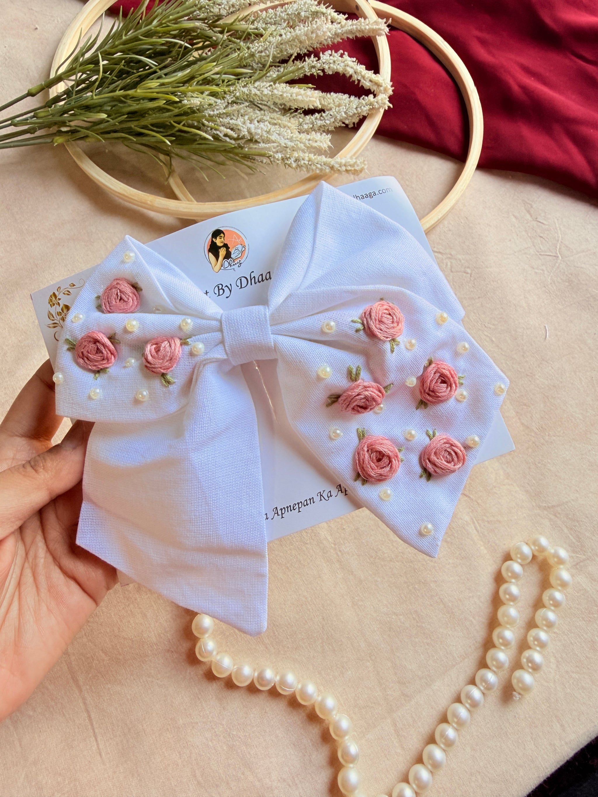 Baby Bloom White Hand Embroidered Floral Bow Hair Clip