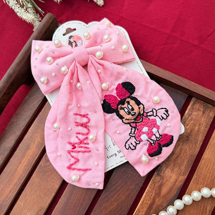 Mikku – Hand Embroidered Pink Bow Hair Accessory with Pearl Detailing