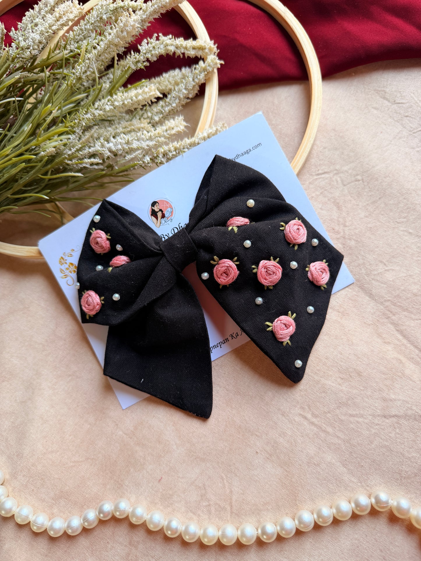 Baby Bloom Black Hand Embroidered Floral Bow Hair Clip