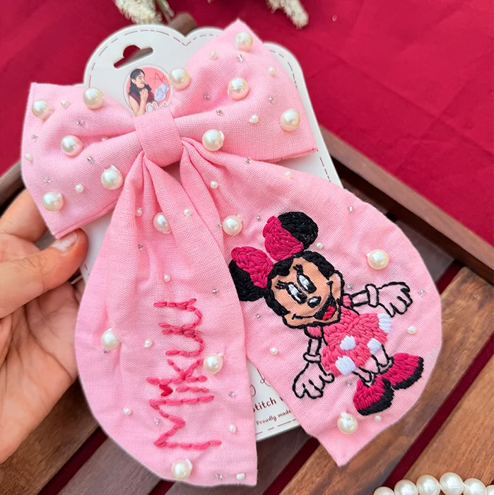 Mikku – Hand Embroidered Pink Bow Hair Accessory with Pearl Detailing