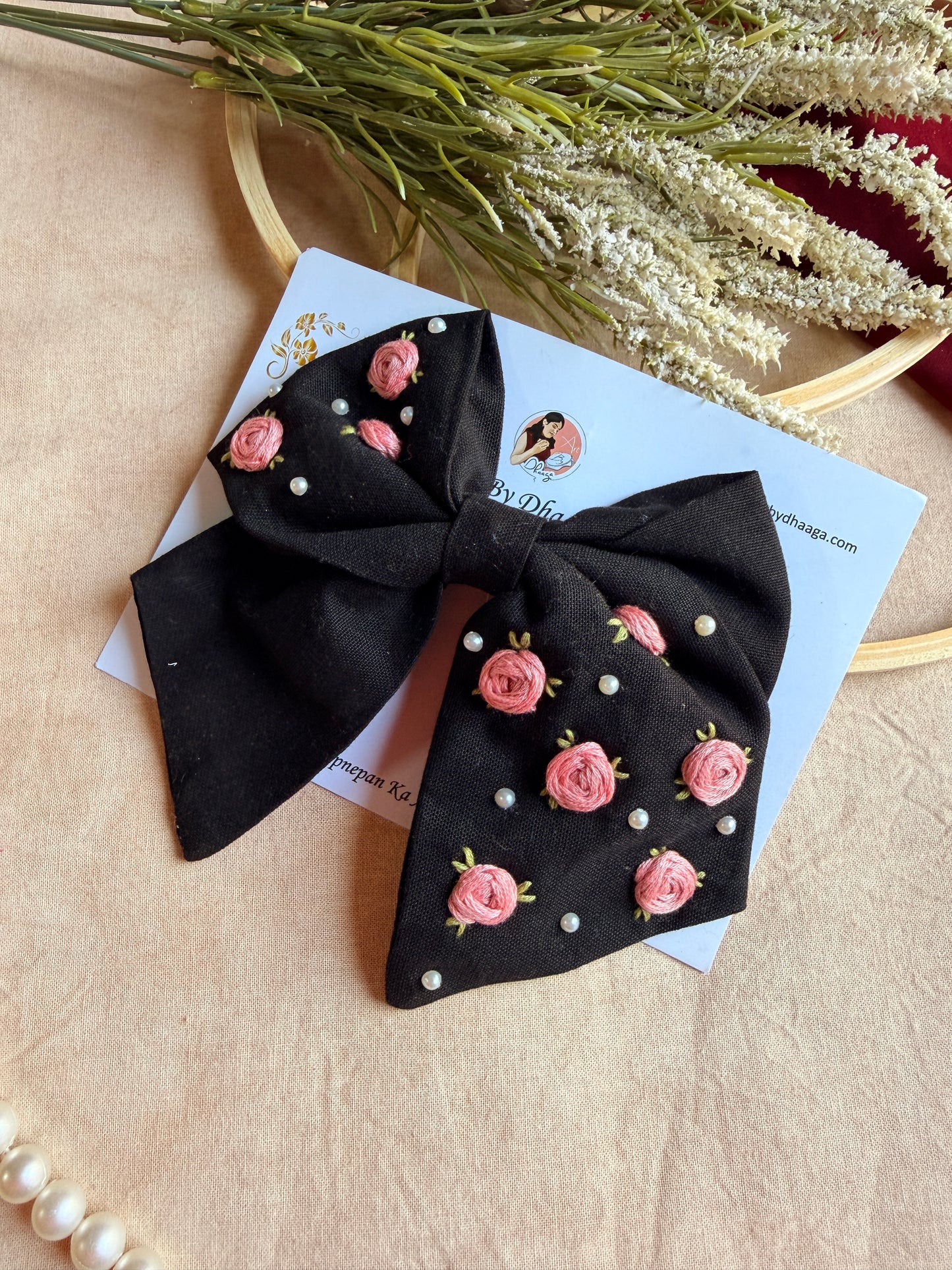 Baby Bloom Black Hand Embroidered Floral Bow Hair Clip