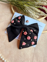 Baby Bloom Black Hand Embroidered Floral Bow Hair Clip