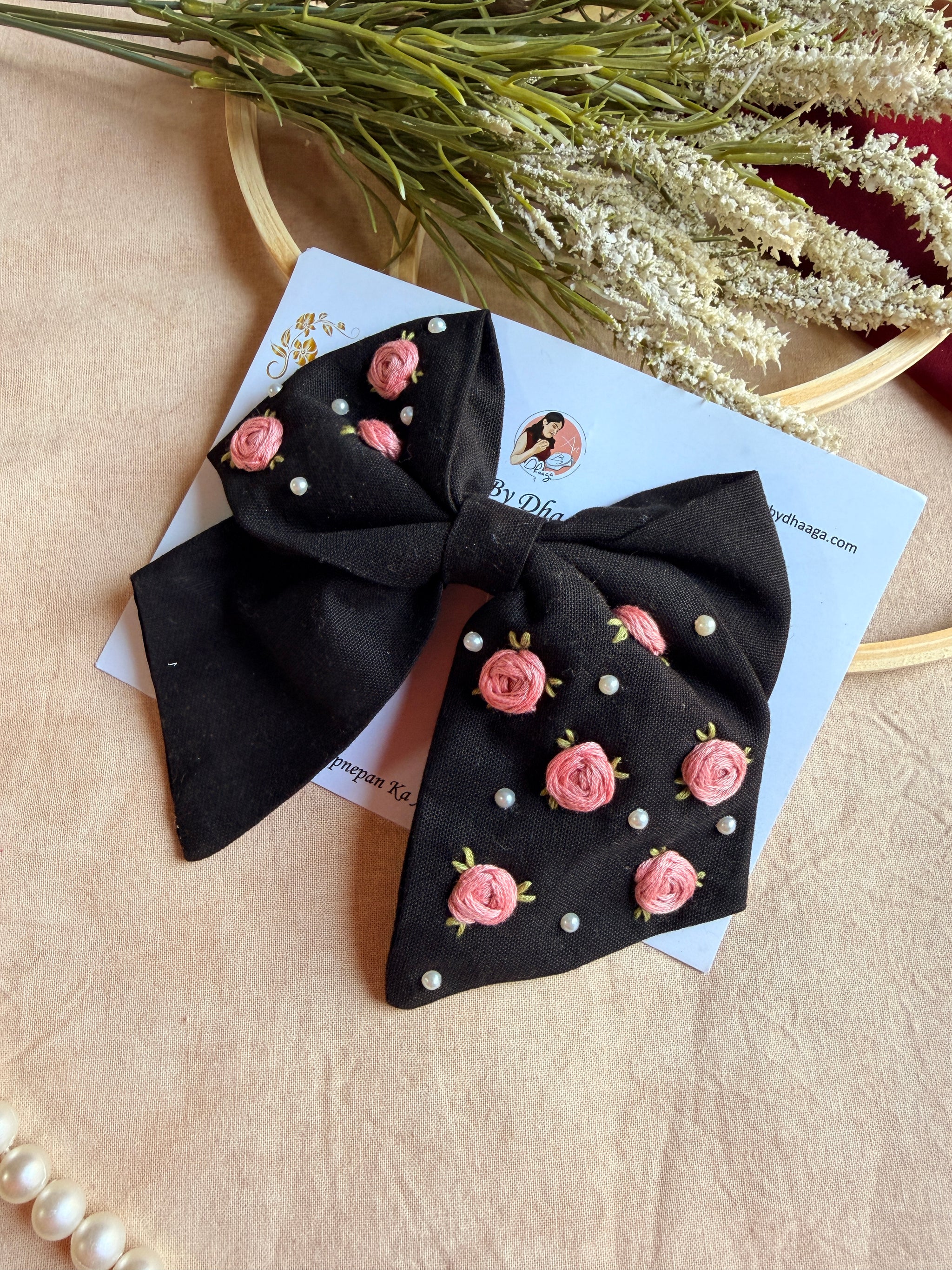 Baby Bloom Black Hand Embroidered Floral Bow Hair Clip