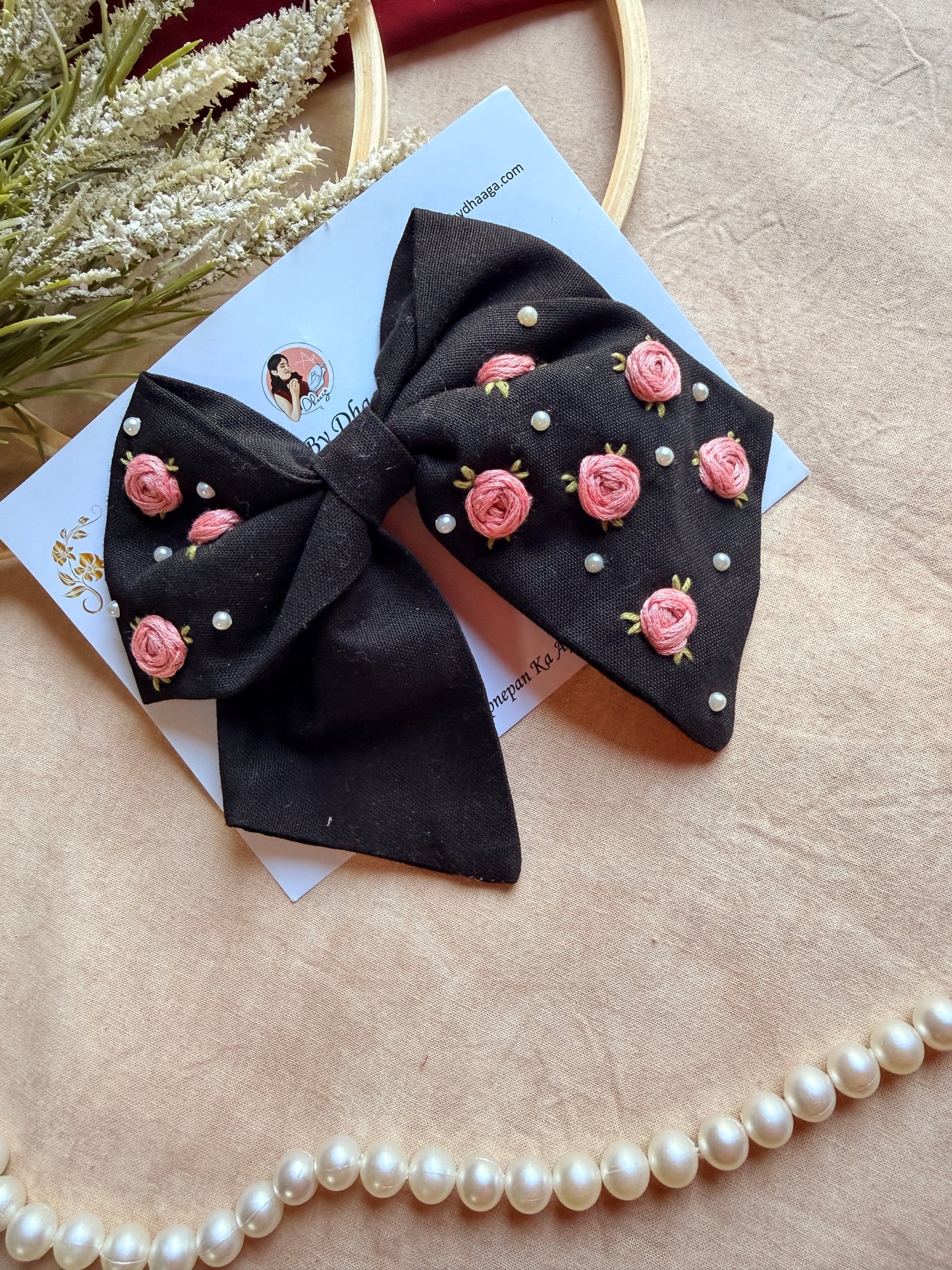 Baby Bloom Black Hand Embroidered Floral Bow Hair Clip