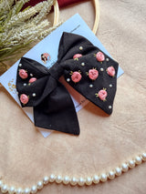 Baby Bloom Black Hand Embroidered Floral Bow Hair Clip