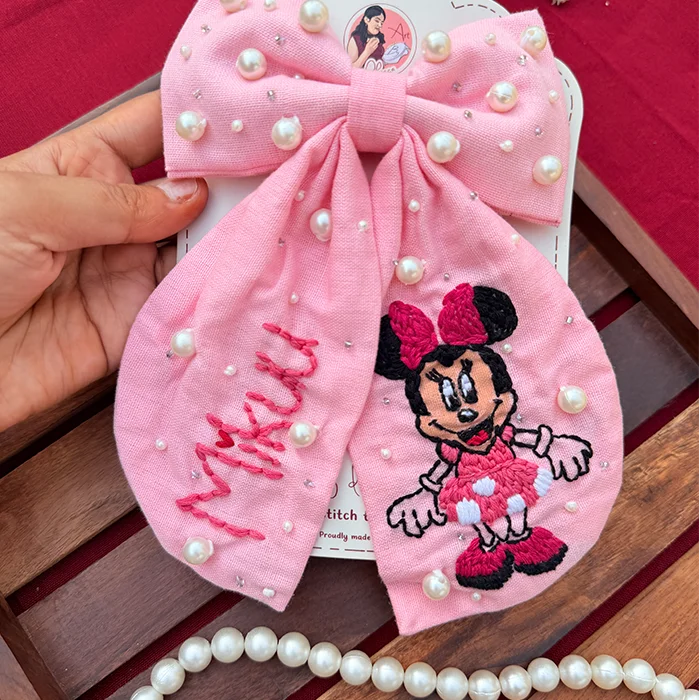 Mikku – Hand Embroidered Pink Bow Hair Accessory with Pearl Detailing