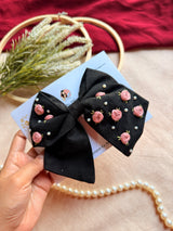 Baby Bloom Black Hand Embroidered Floral Bow Hair Clip