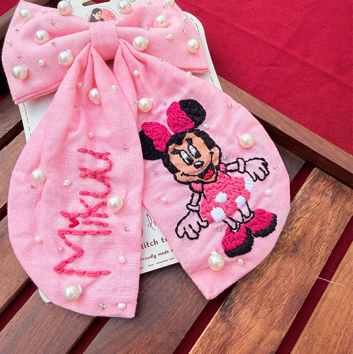 Mikku – Hand Embroidered Pink Bow Hair Accessory with Pearl Detailing