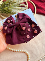 Baby Bloom Wine Hand Embroidered Floral Bow Hair Clip