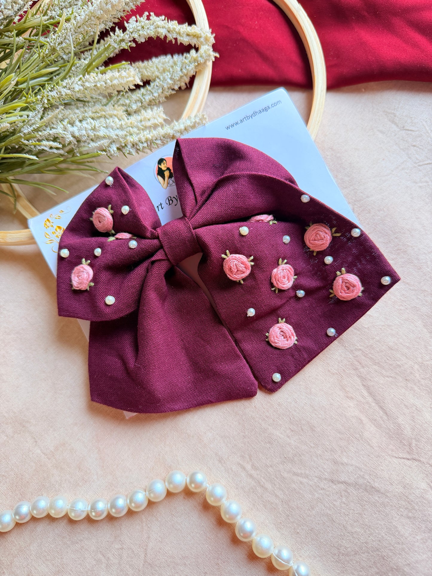 Baby Bloom Wine Hand Embroidered Floral Bow Hair Clip