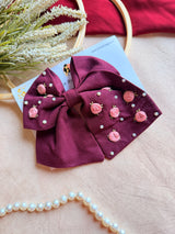 Baby Bloom Wine Hand Embroidered Floral Bow Hair Clip