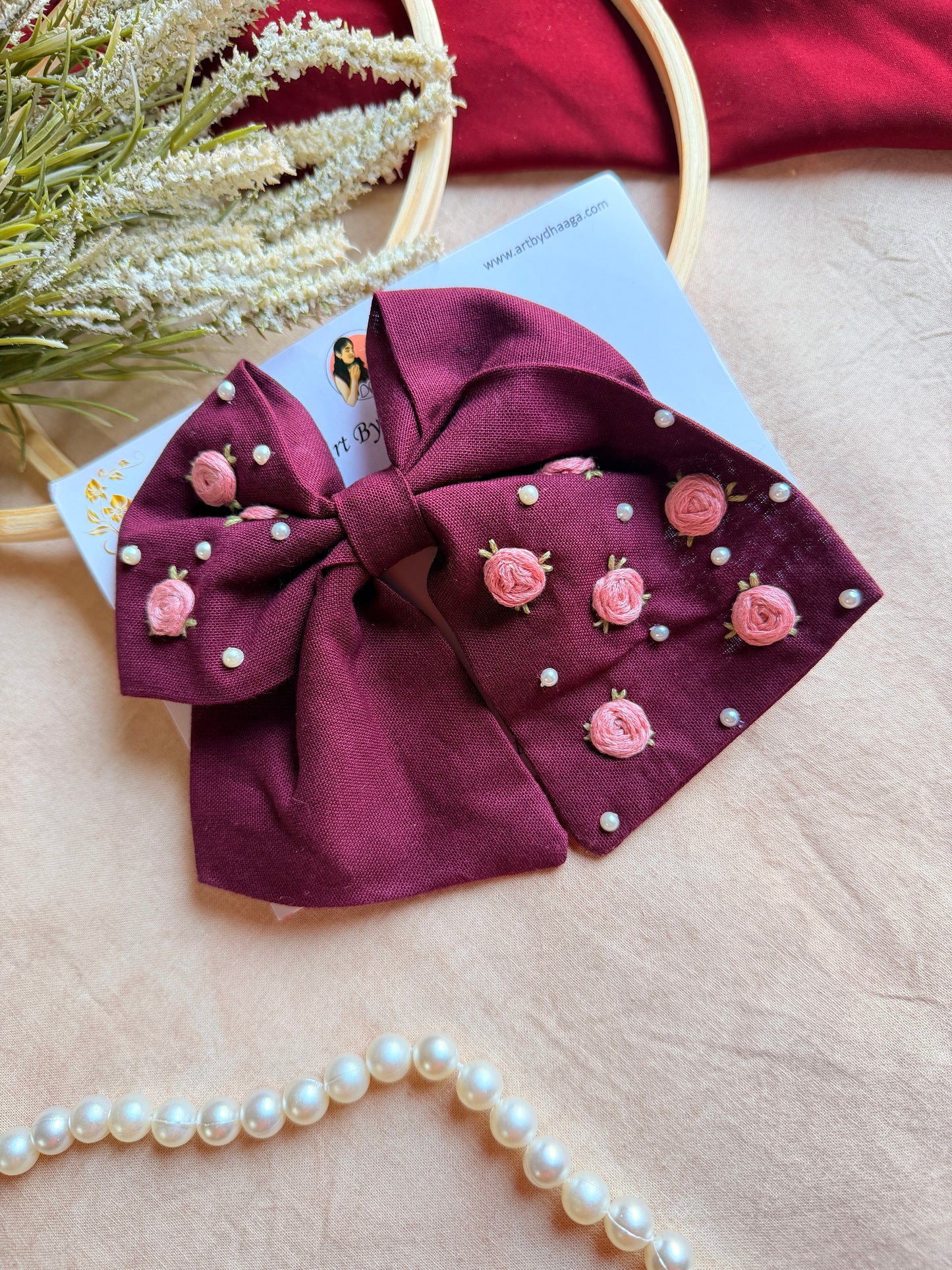 Baby Bloom Wine Hand Embroidered Floral Bow Hair Clip