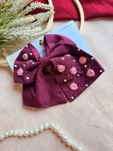 Baby Bloom Wine Hand Embroidered Floral Bow Hair Clip
