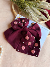 Baby Bloom Wine Hand Embroidered Floral Bow Hair Clip