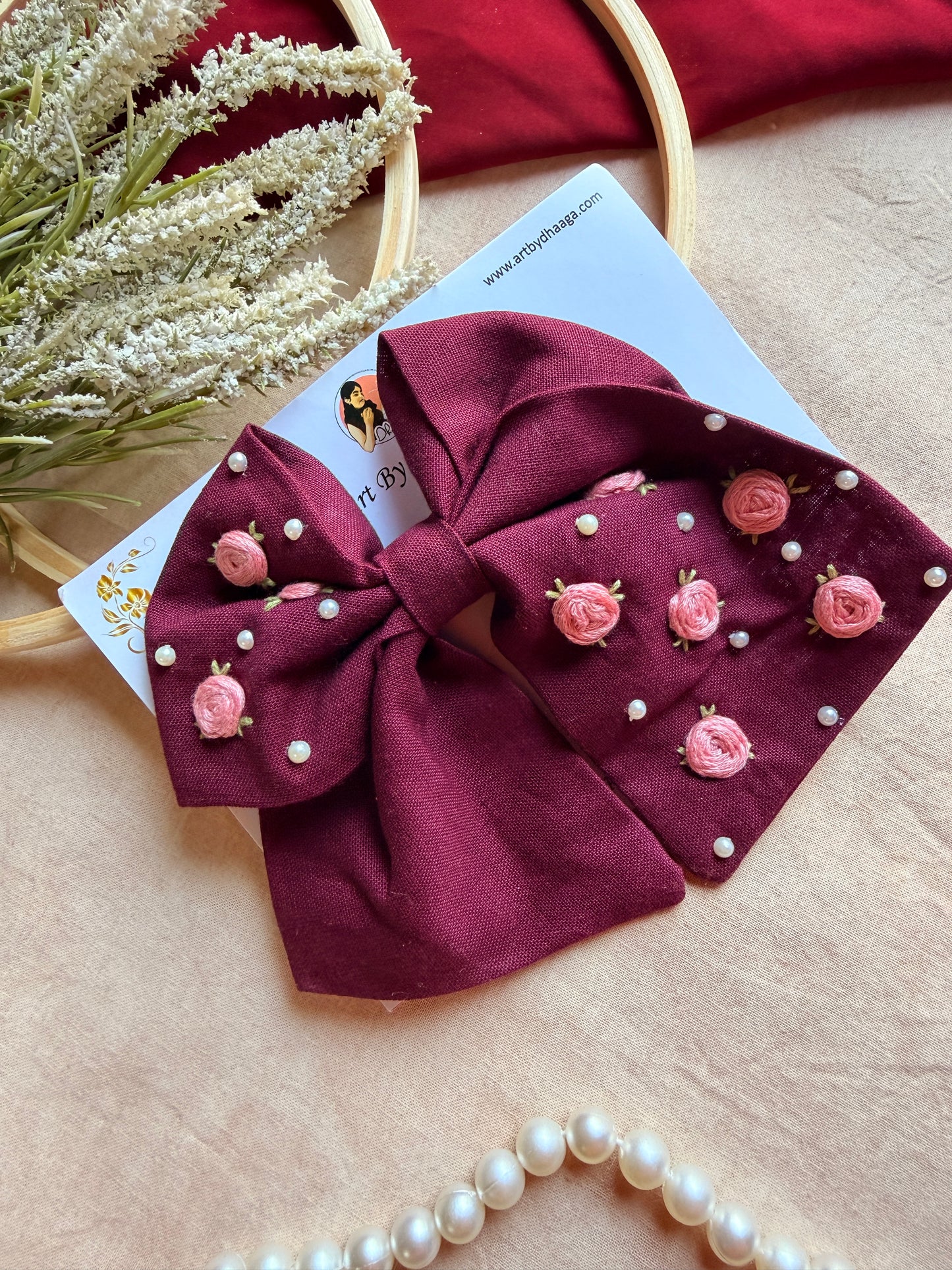 Baby Bloom Wine Hand Embroidered Floral Bow Hair Clip
