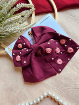 Baby Bloom Wine Hand Embroidered Floral Bow Hair Clip