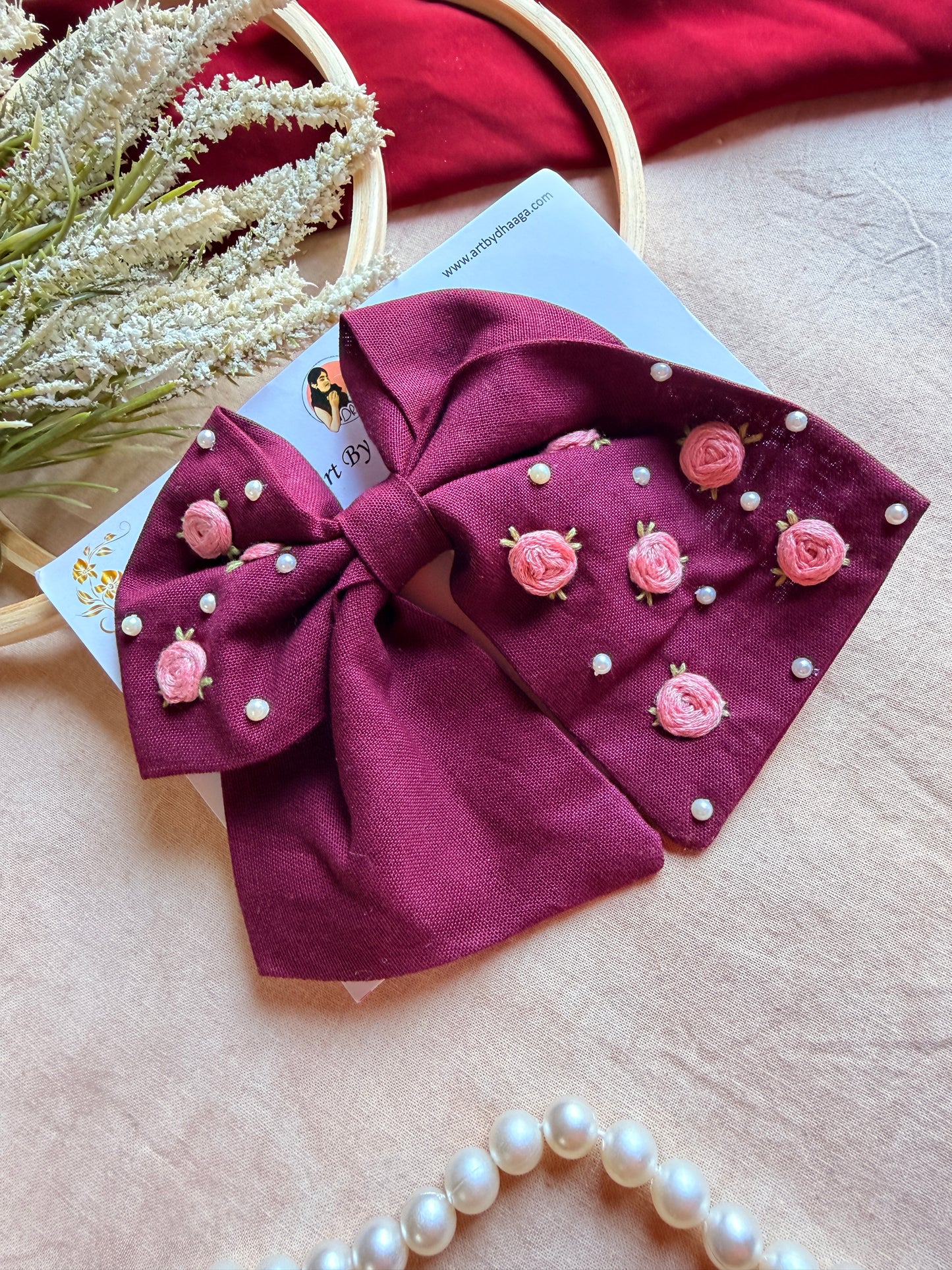 Baby Bloom Wine Hand Embroidered Floral Bow Hair Clip