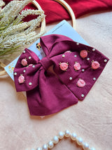 Baby Bloom Wine Hand Embroidered Floral Bow Hair Clip