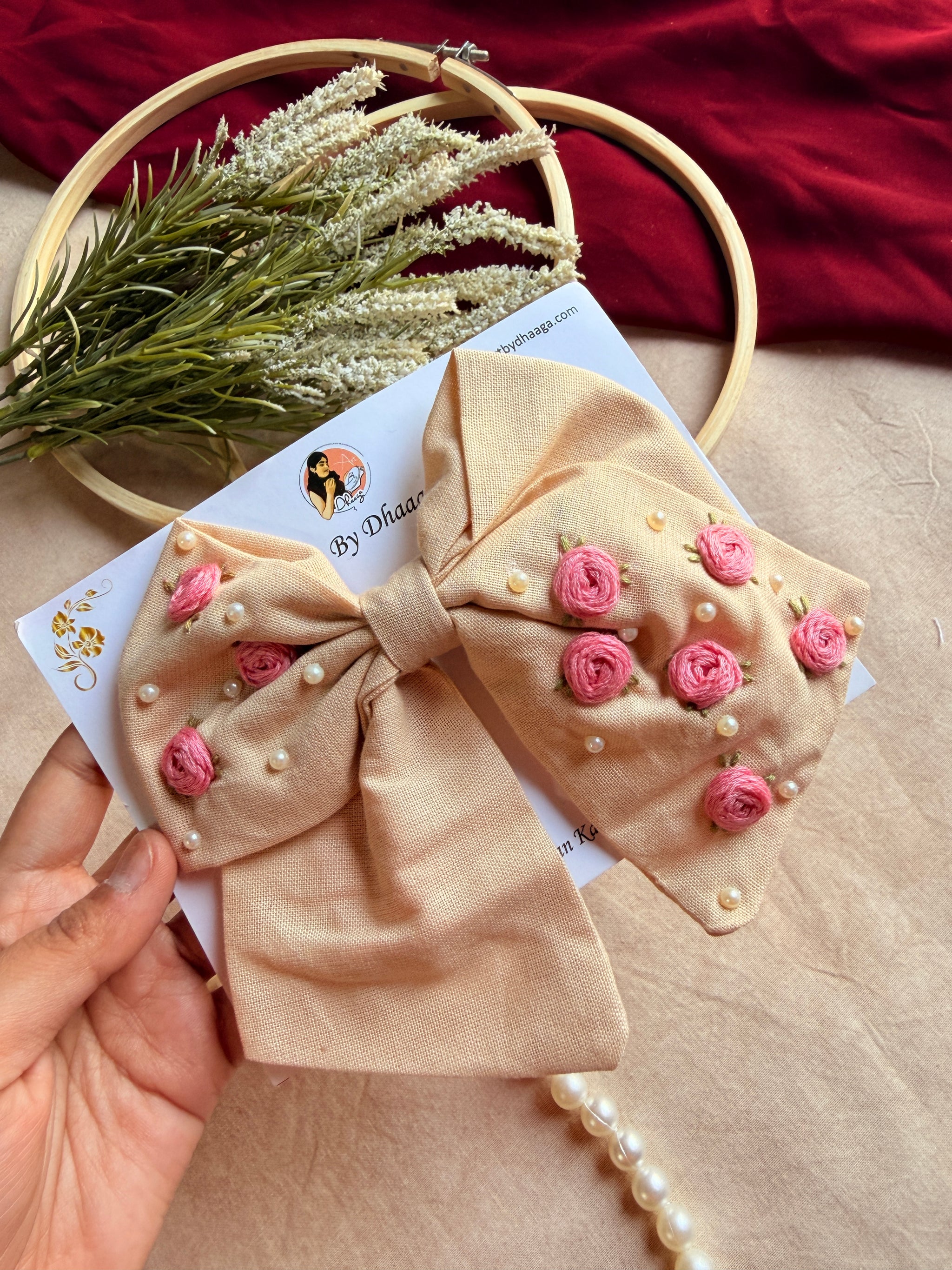 Baby Bloom Beige Hand Embroidered Floral Bow Hair Clip