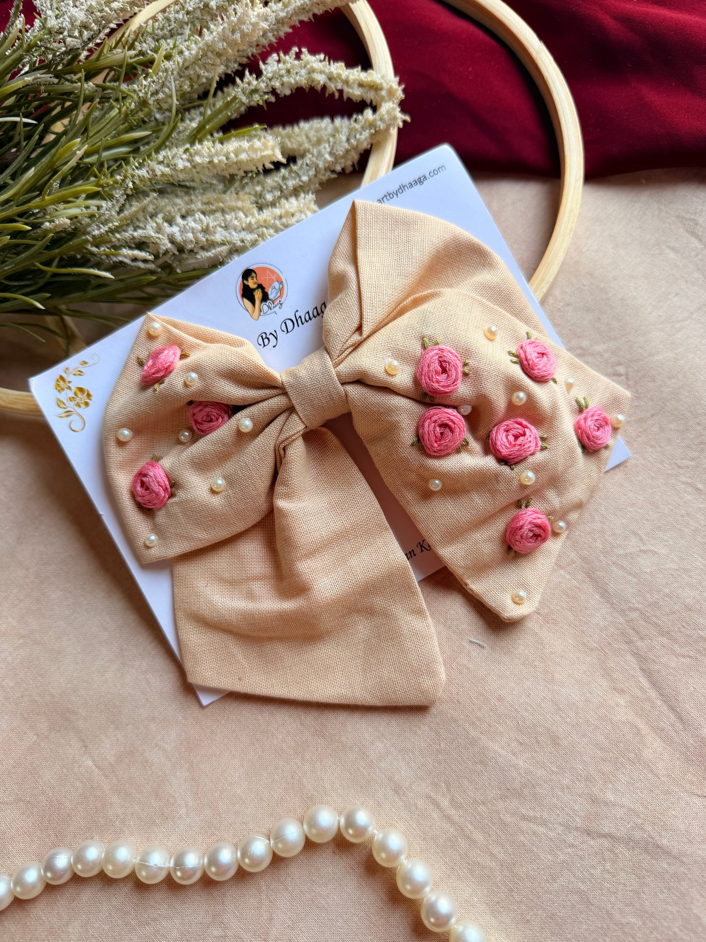 Baby Bloom Beige Hand Embroidered Floral Bow Hair Clip