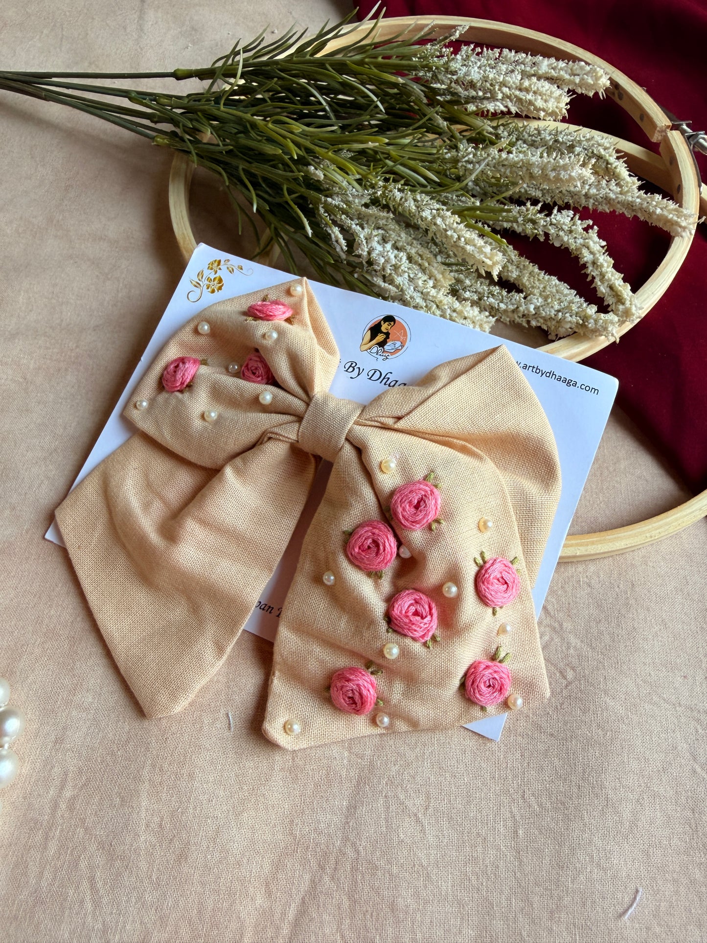 Baby Bloom Beige Hand Embroidered Floral Bow Hair Clip