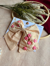 Baby Bloom Beige Hand Embroidered Floral Bow Hair Clip