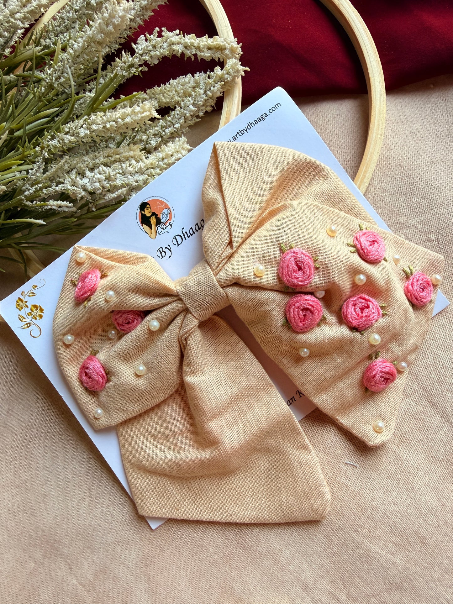 Baby Bloom Beige Hand Embroidered Floral Bow Hair Clip