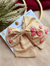 Baby Bloom Beige Hand Embroidered Floral Bow Hair Clip