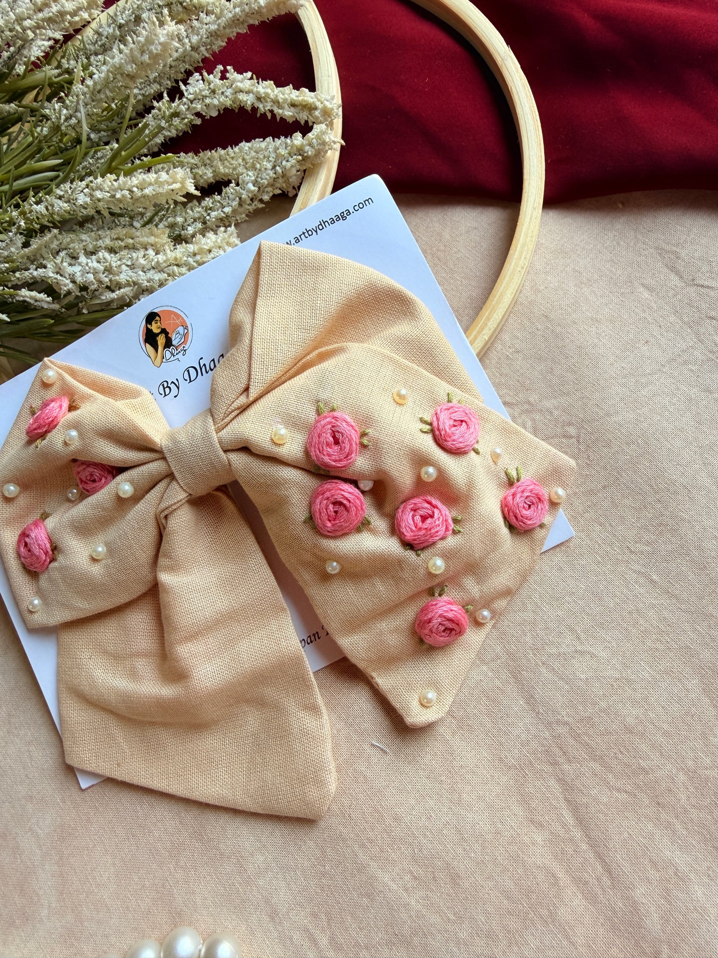 Baby Bloom Beige Hand Embroidered Floral Bow Hair Clip