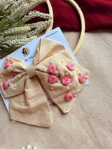 Baby Bloom Beige Hand Embroidered Floral Bow Hair Clip