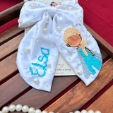 Elsa – Hand Embroidered White Bow Hair Accessory with Pearl Detailing