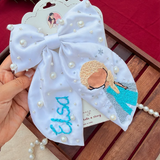 Elsa – Hand Embroidered White Bow Hair Accessory with Pearl Detailing