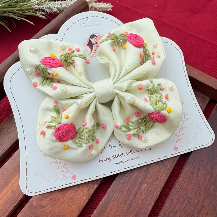Buttercup Butterfly – Hand Embroidered Floral Yellow Bow Hair Accessory